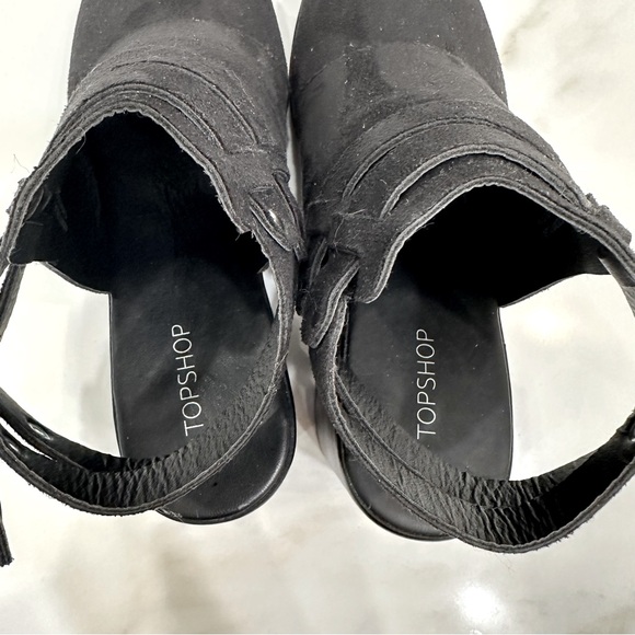 TOPSHOP Brand New Women’s Black Suede Heeled Buckle Peaking Toe Bootie Sandals - Picture 8 of 11